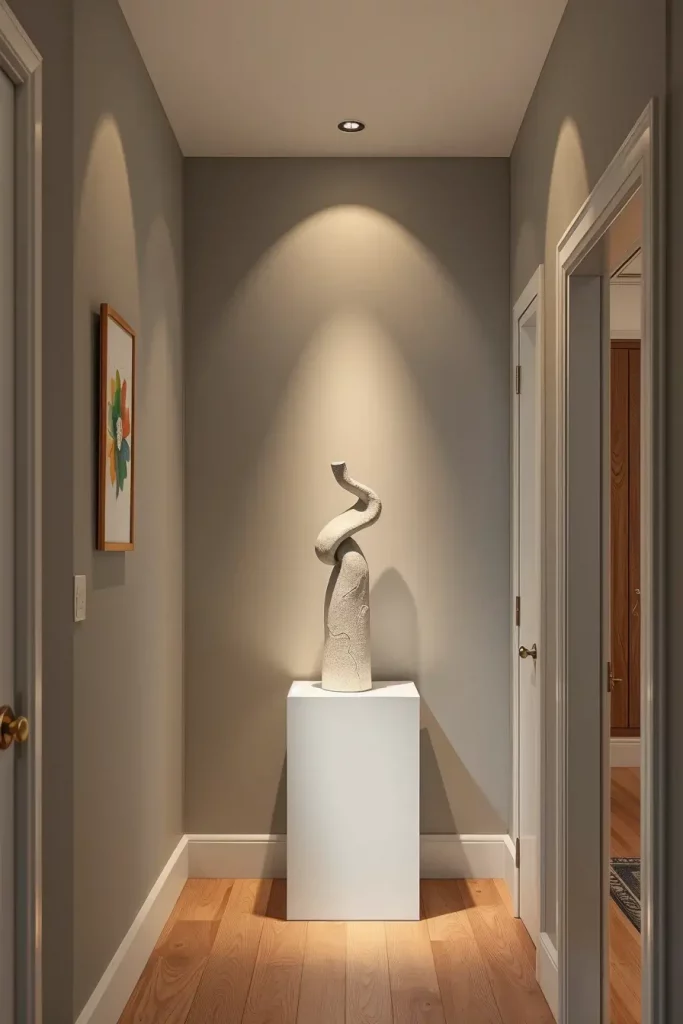 Pedestal with sculpture in hallway