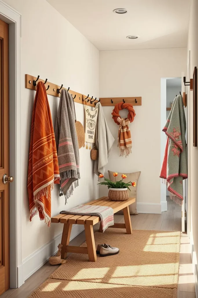 Woven bench under wall hooks