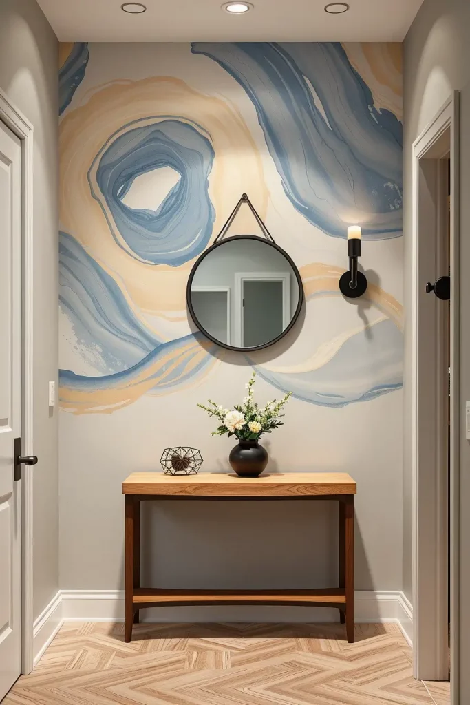 Minimalist hallway with mural
