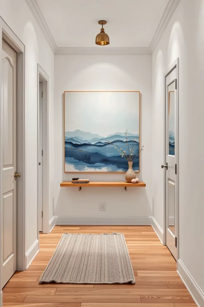 Narrow hallway with wave mural