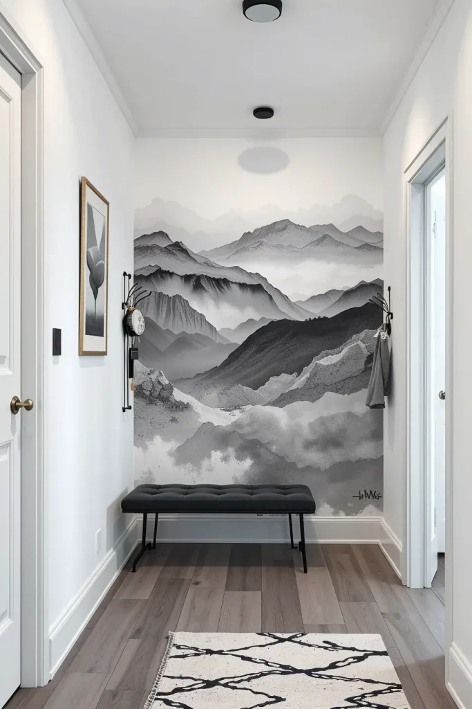 Monochrome mural in hallway