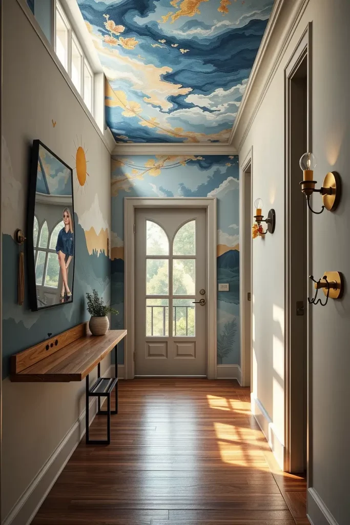 Hallway with blue and gold accents