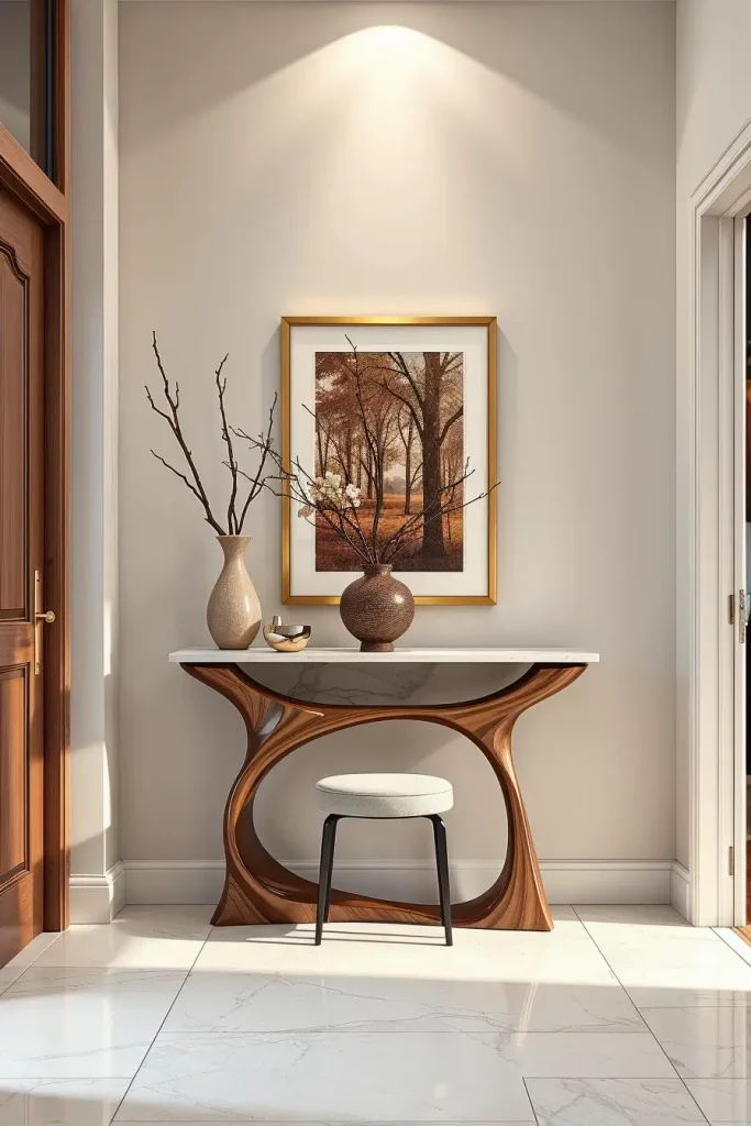 Sculptural console table in entryway