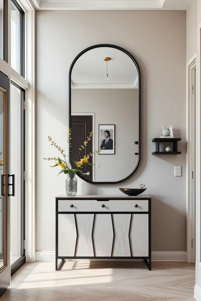 Unique shaped mirror in entryway