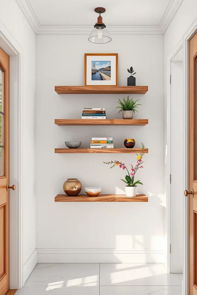 Floating shelves in entryway