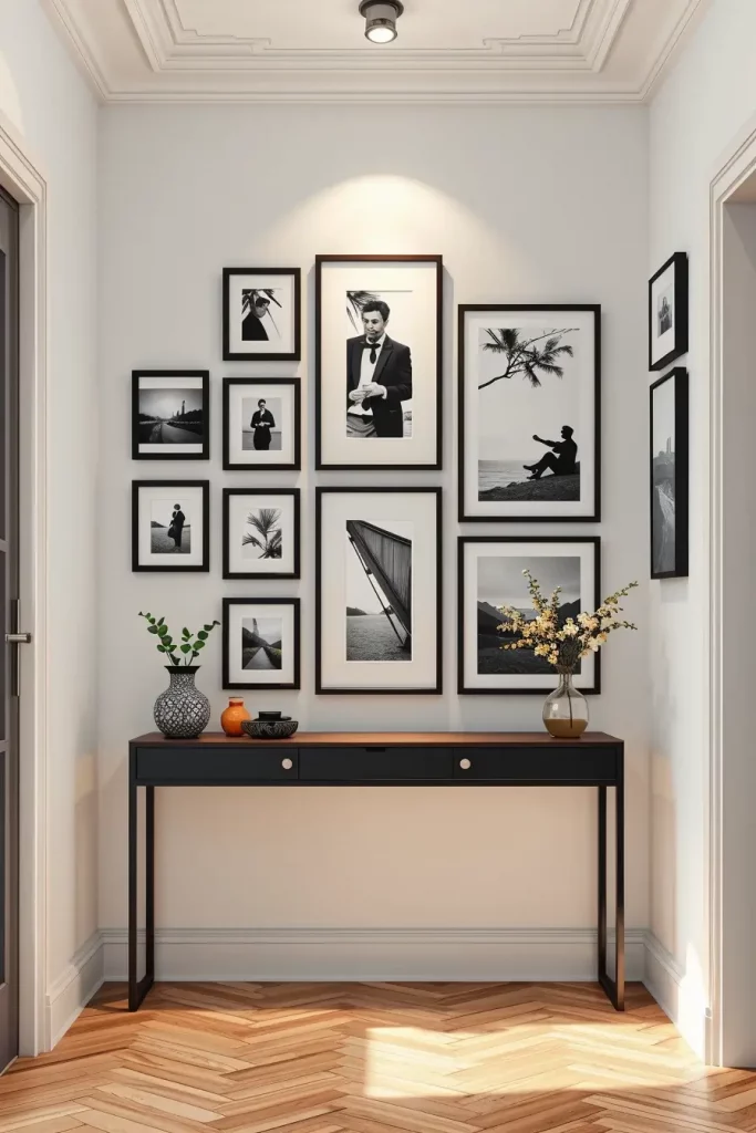 Entryway gallery wall with console