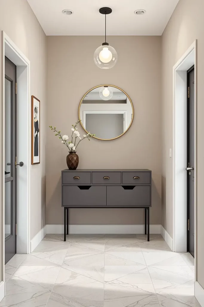 Entryway with floating cabinet and bench
