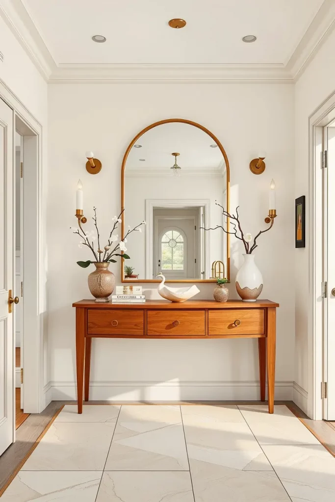 Neutral entryway with brass accents