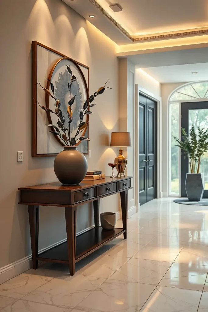 Entry table with sculptural vase and accessories