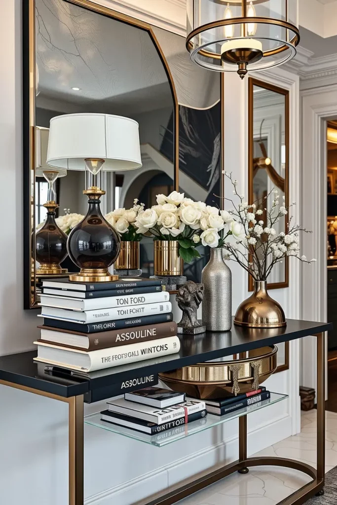 Stack of art books on entry table