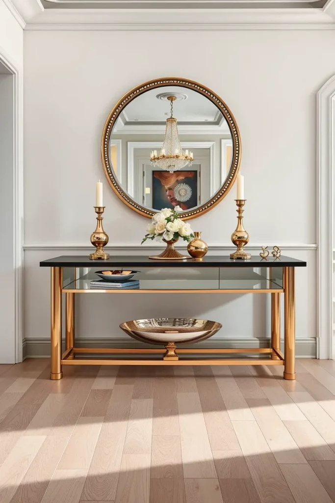 Entry table with mixed metallic and soft textures