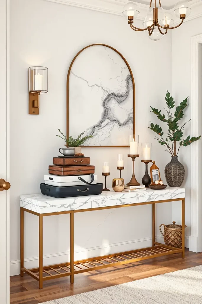 Entry table with layered trays and decor
