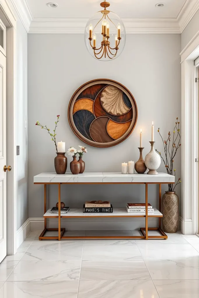 Stacked designer trays on entry table