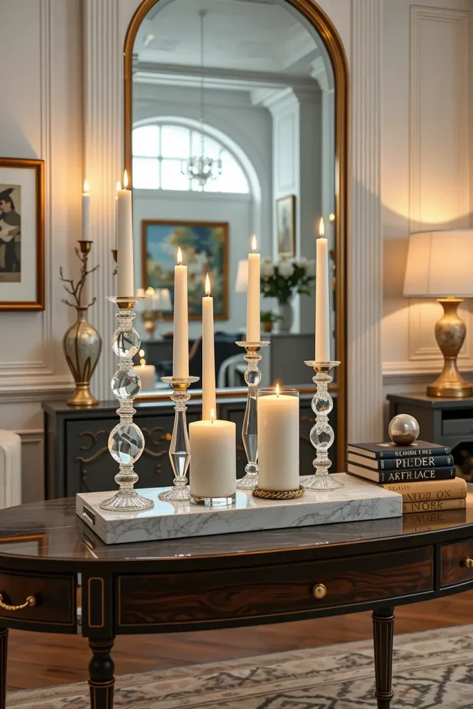 Crystal candle holders on entry table