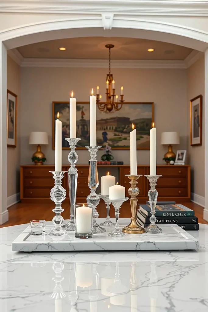 Entry table with crystal candle holders and books