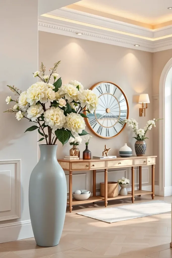 Modern floral arrangement on entry table