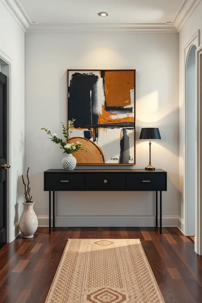 Modern artwork leaning on entry table