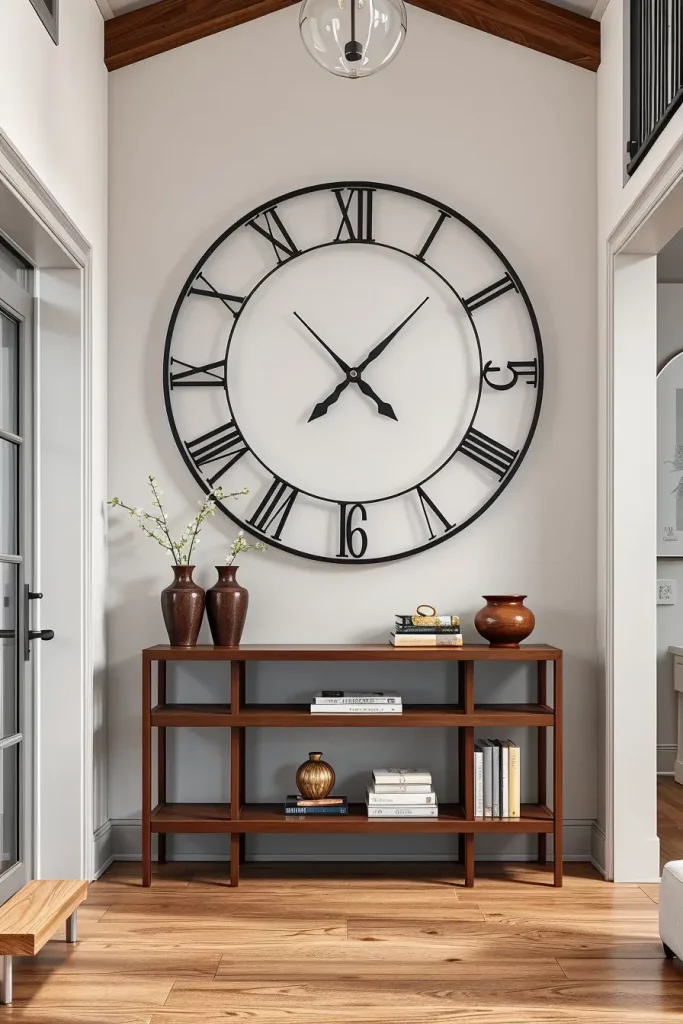 Oversized wall clock above entry table