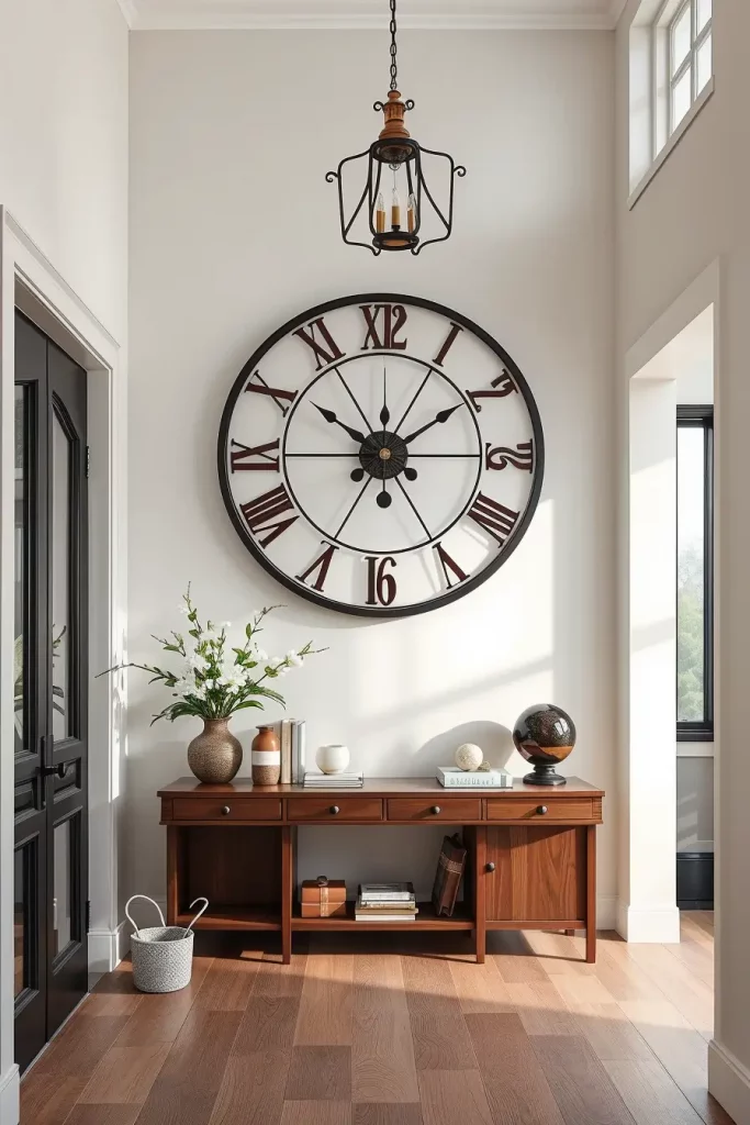 Entry table with rustic clock and decor