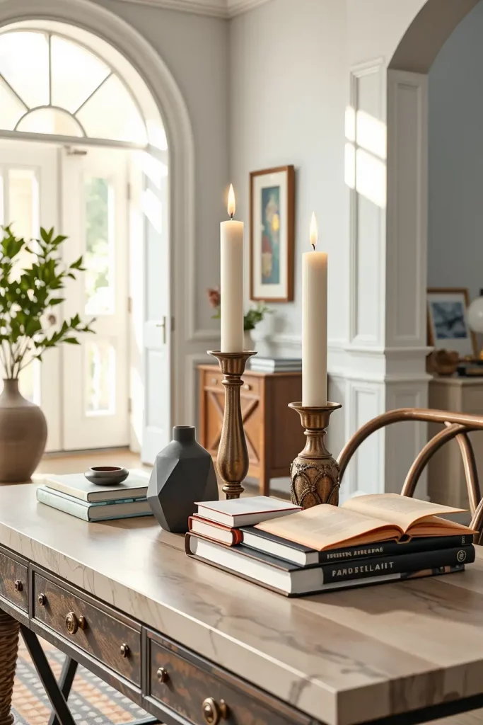Entry table with candlesticks and decor