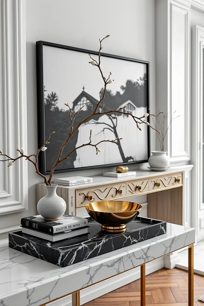 Entry table with black marble tray and diffuser