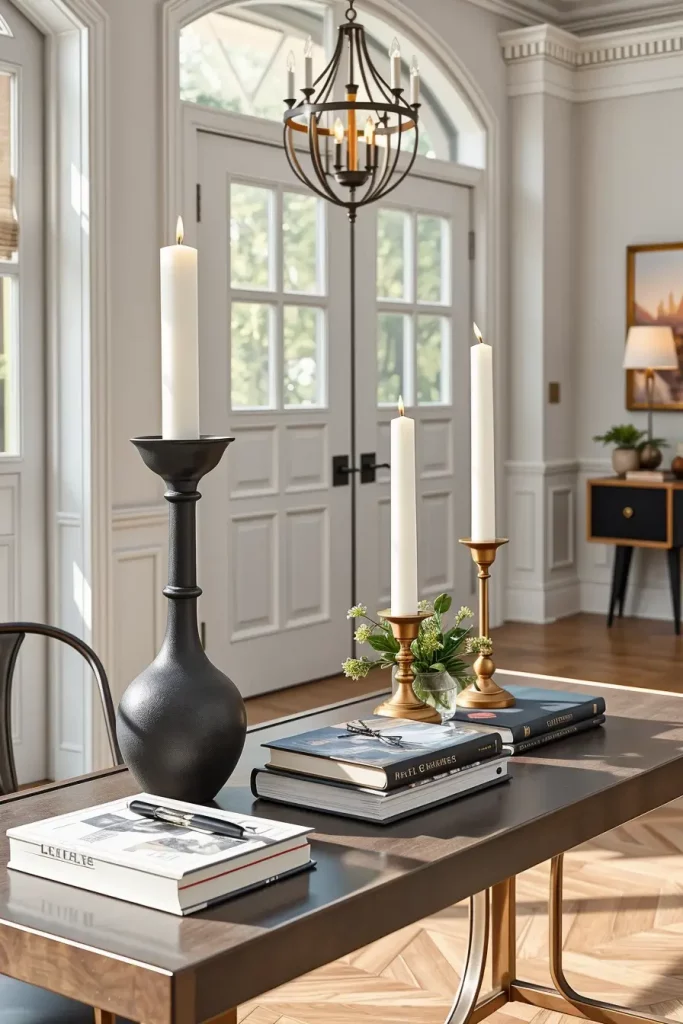 Architectural candlesticks on entry table