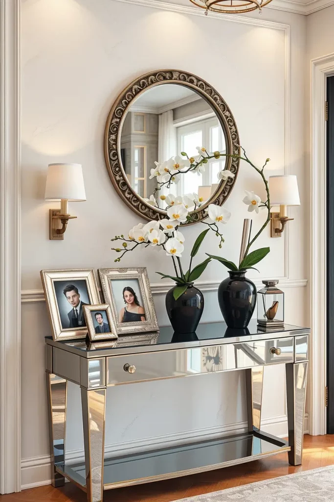 Entryway with mirrored console and round mirror
