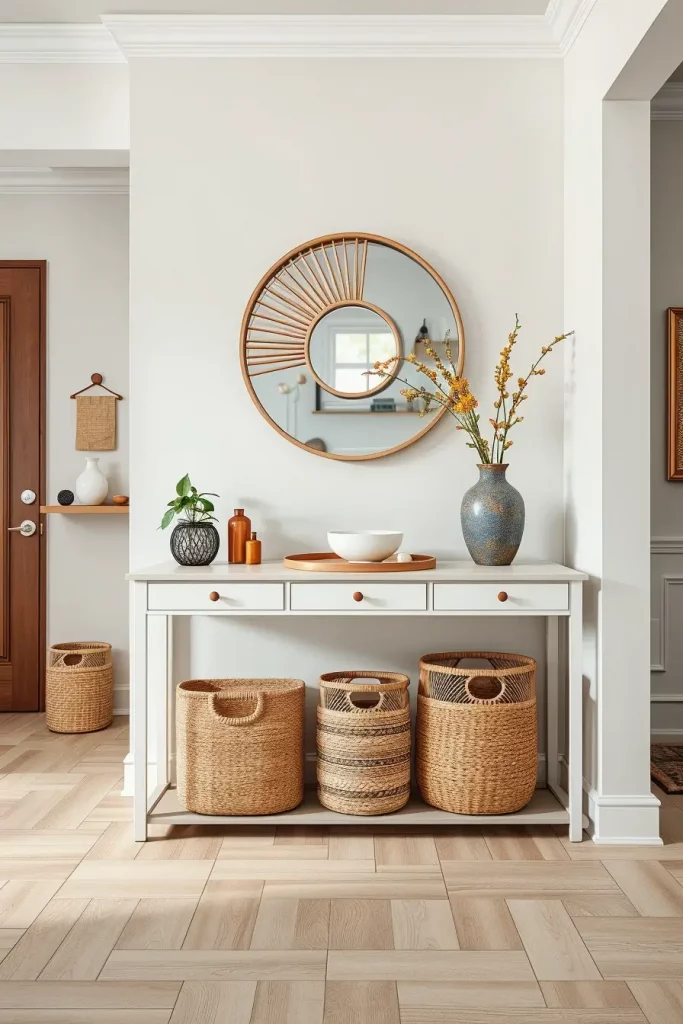 Entry table with baskets and decor