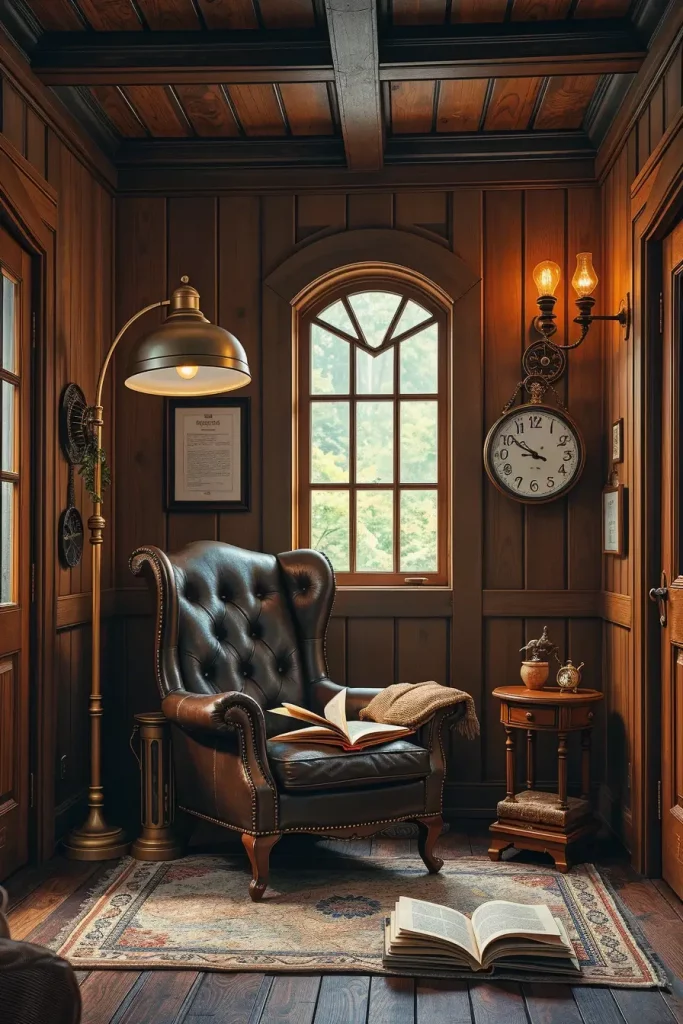 Steampunk-inspired reading nook with leather wingback chair