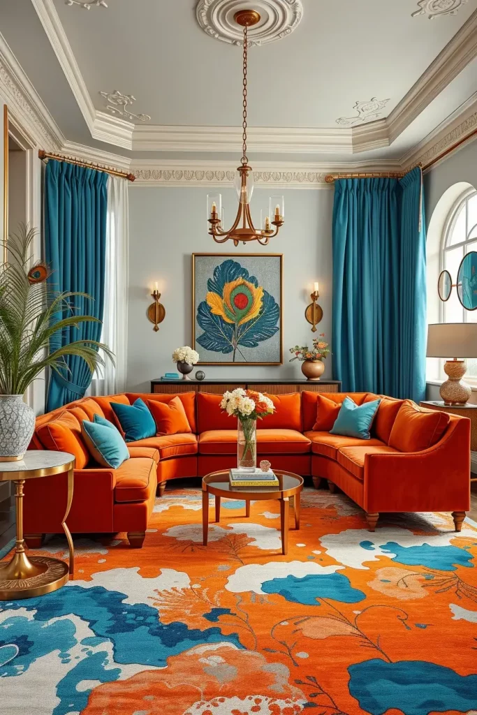 Tangerine sofa with teal and peacock accents