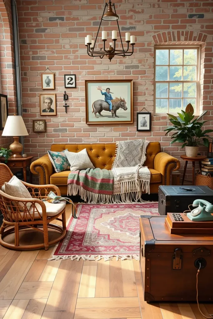 Eclectic living room with layered textures and vintage furniture