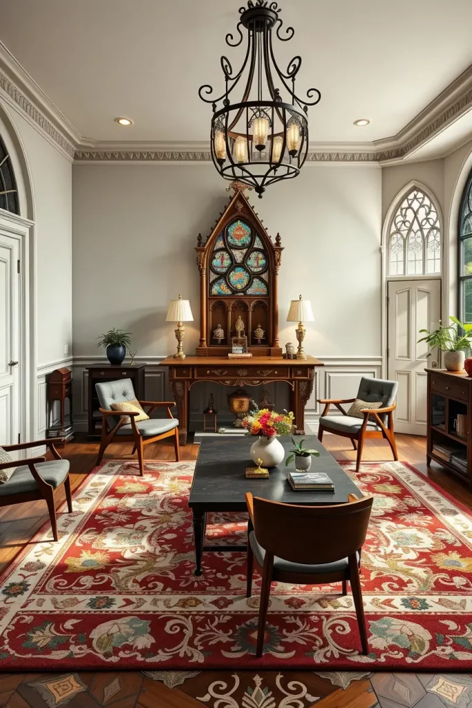 Gothic Revival and mid-century modern living room