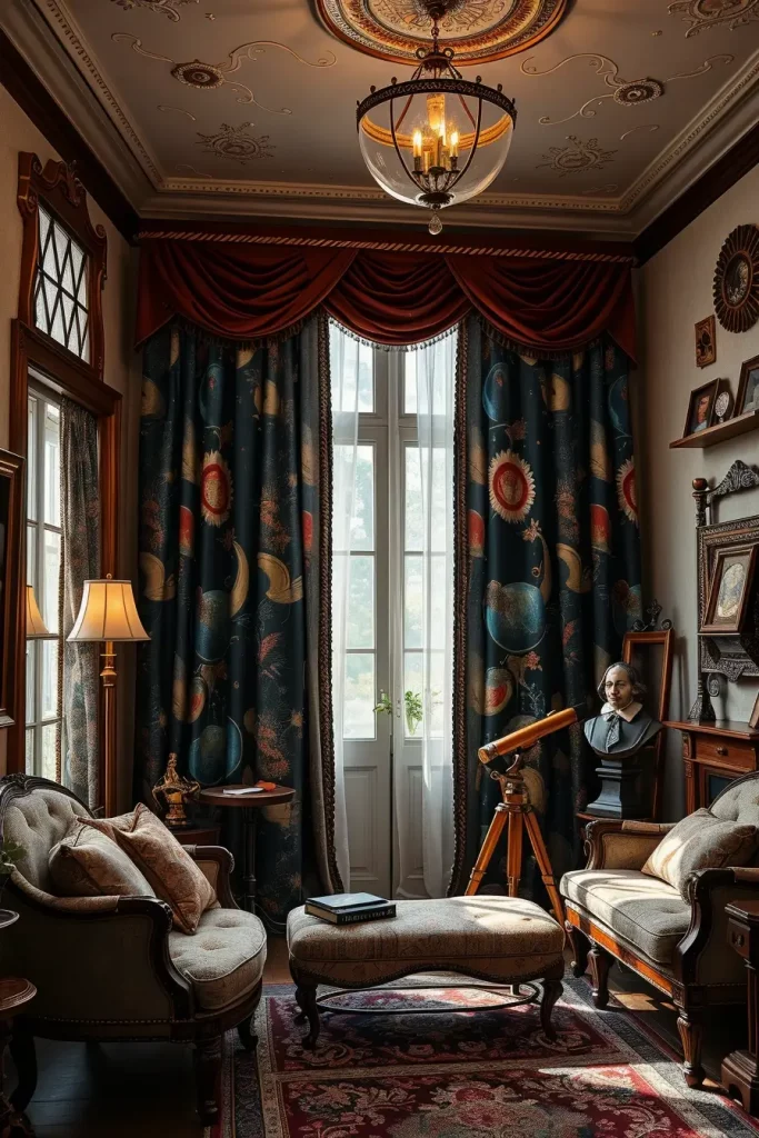 Galaxy printed sheer curtains with Elizabethan wood moulding