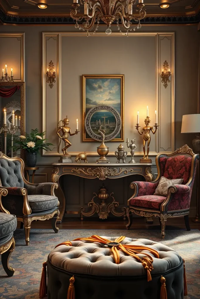 Baroque console table with retro robot sculptures