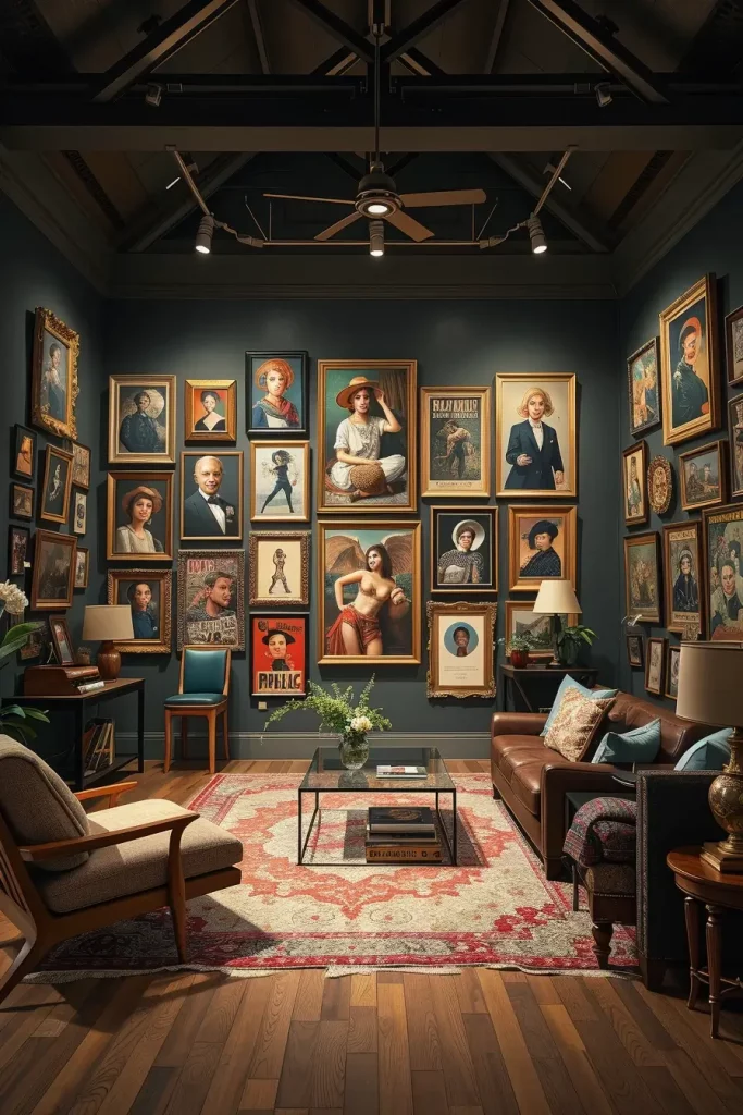 Eclectic gallery wall with vintage and modern art