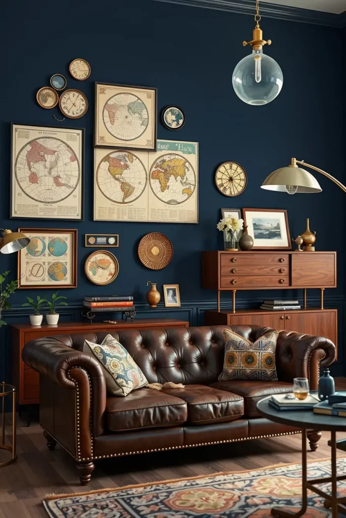 Vintage maps and moon charts on living room wall