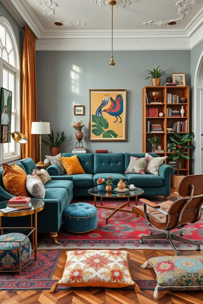 Velvet tuxedo sofa with neon beanbag