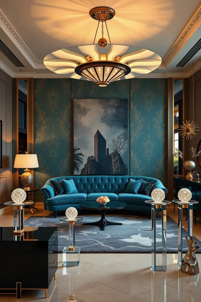 Art Deco living room with UFO-inspired chandelier