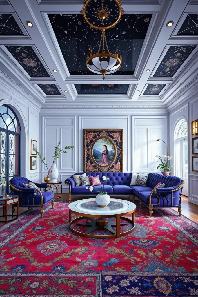 Jewel-toned rugs with LED-lit ceiling