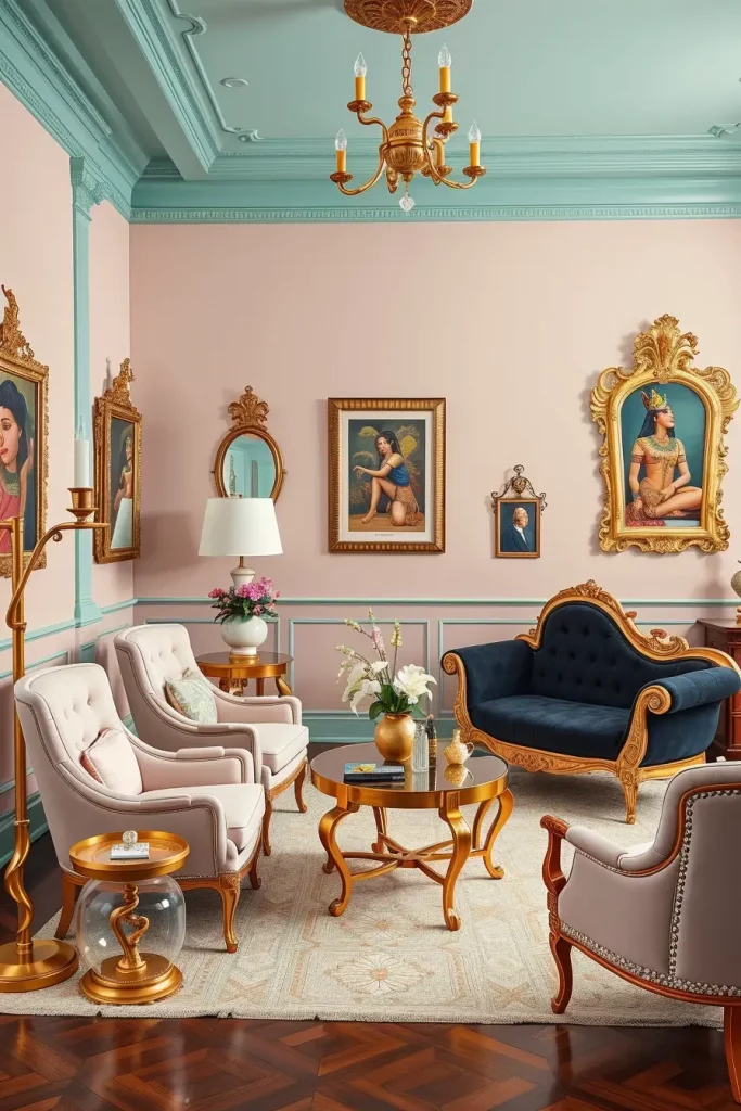 Egyptian Revival chaise lounge with postmodern furniture