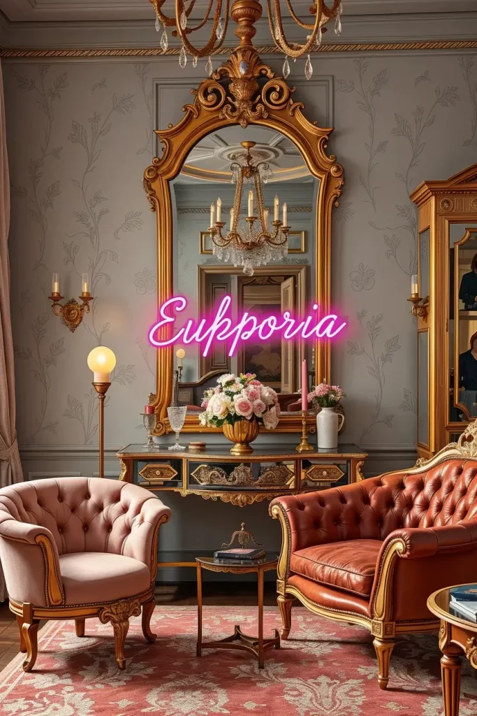 Baroque gold mirror with neon sign