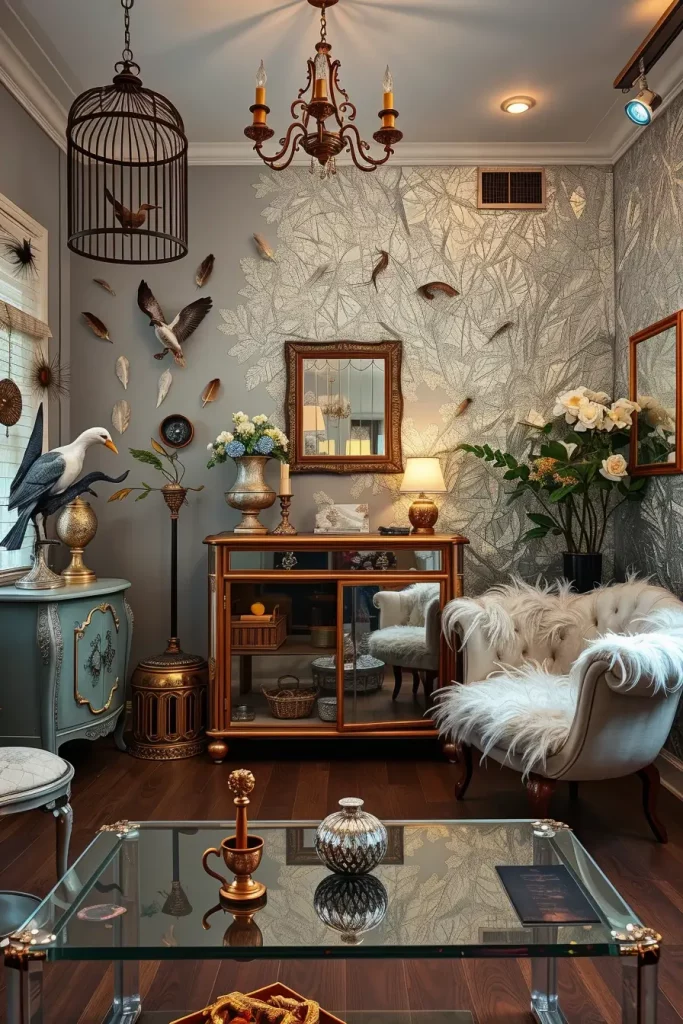 Feathered chaise lounge with metallic foil wall