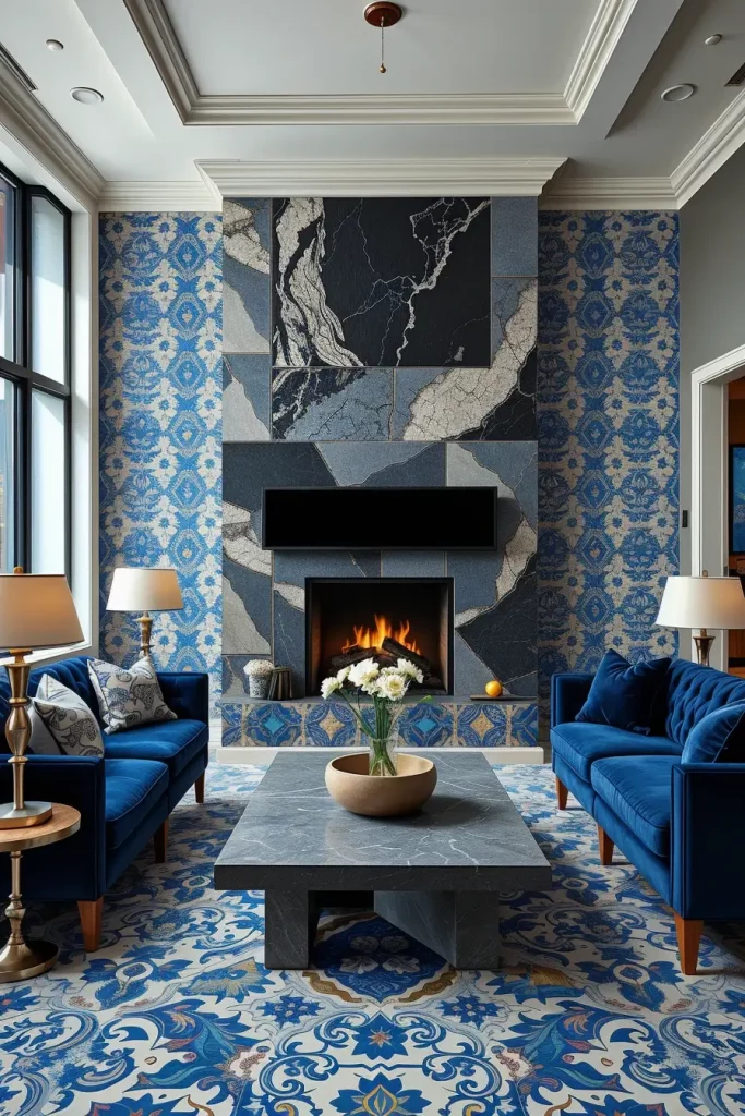 Modern fireplace with antique tile surround