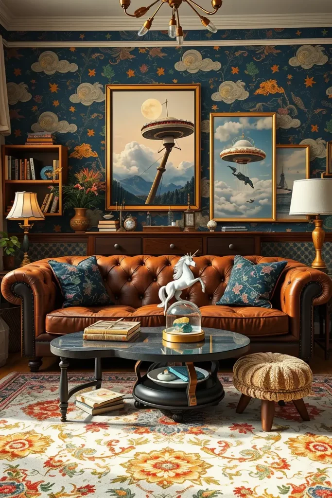 Living room with whimsical unicorn and UFO accents