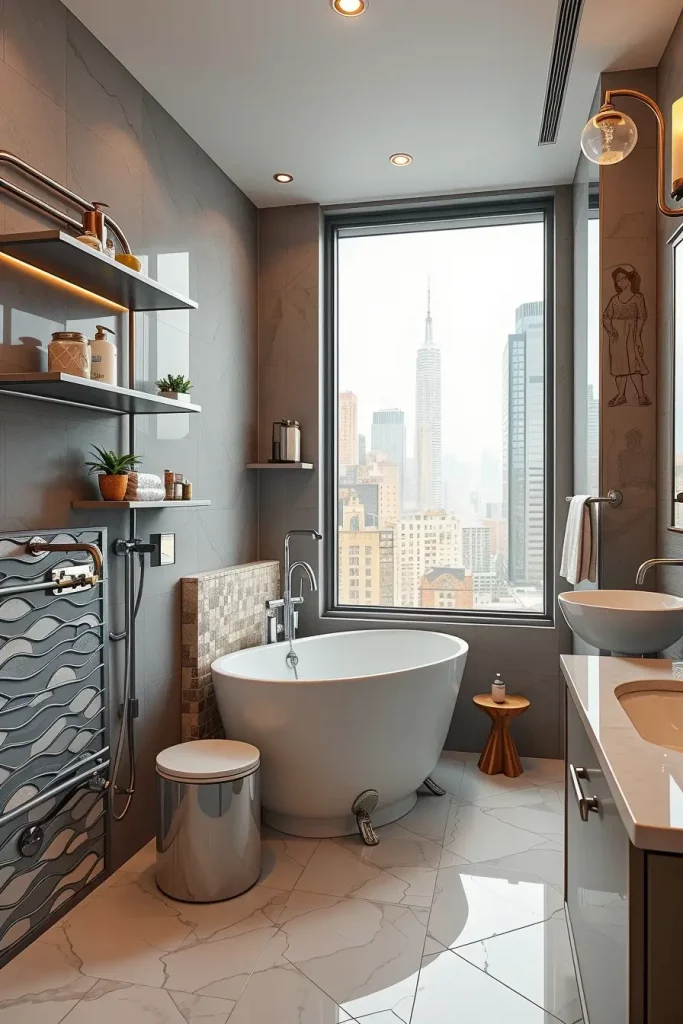 Compact freestanding tub in city apartment