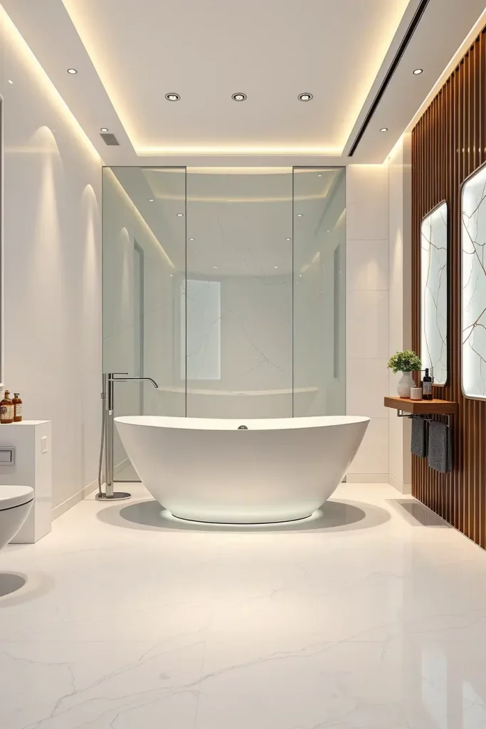 Minimalist bathroom with floating tub