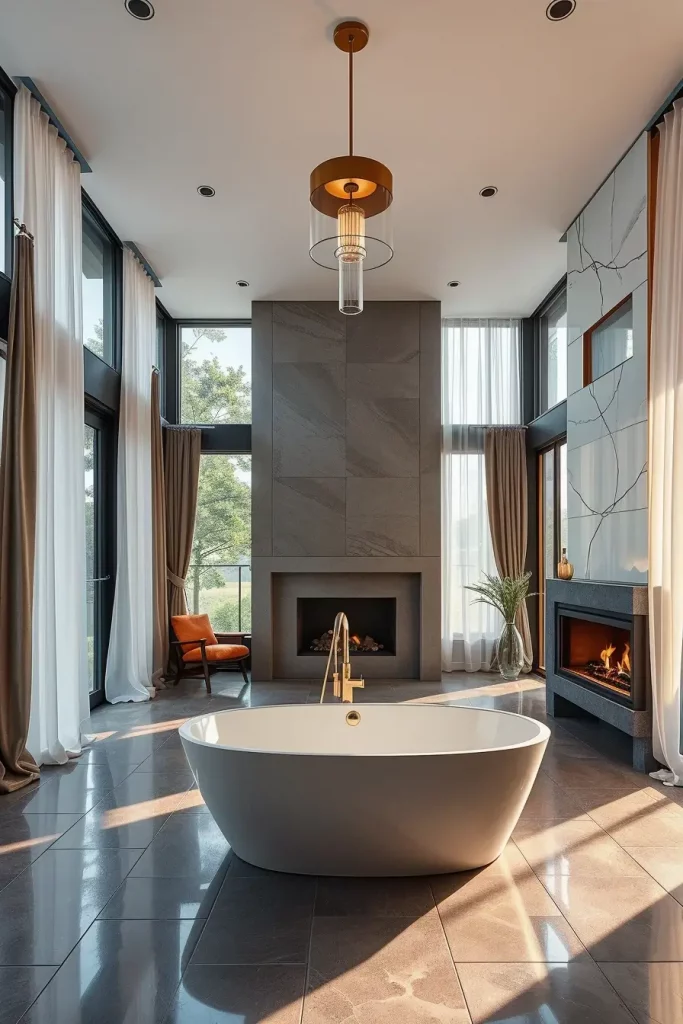 Open-plan bathroom with freestanding tub