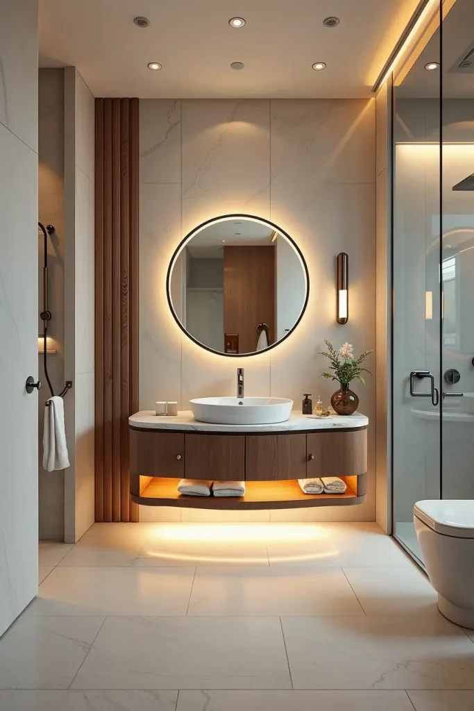 Curved vanity with LED lighting