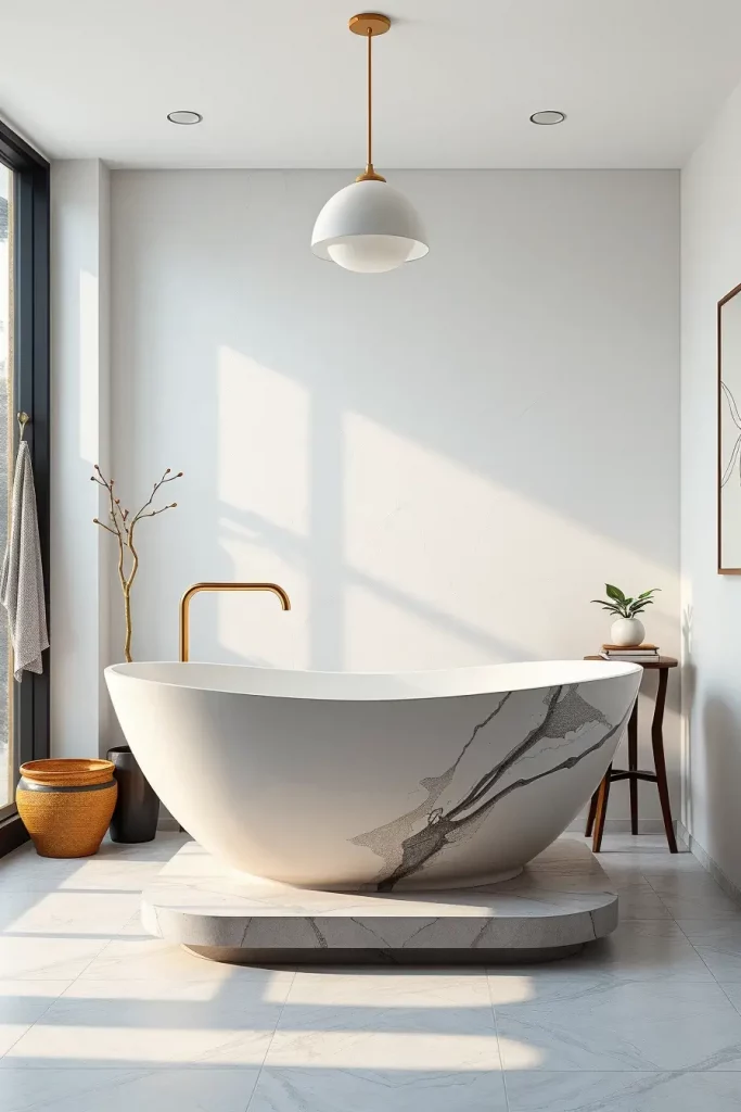 Bathtub under statement lighting