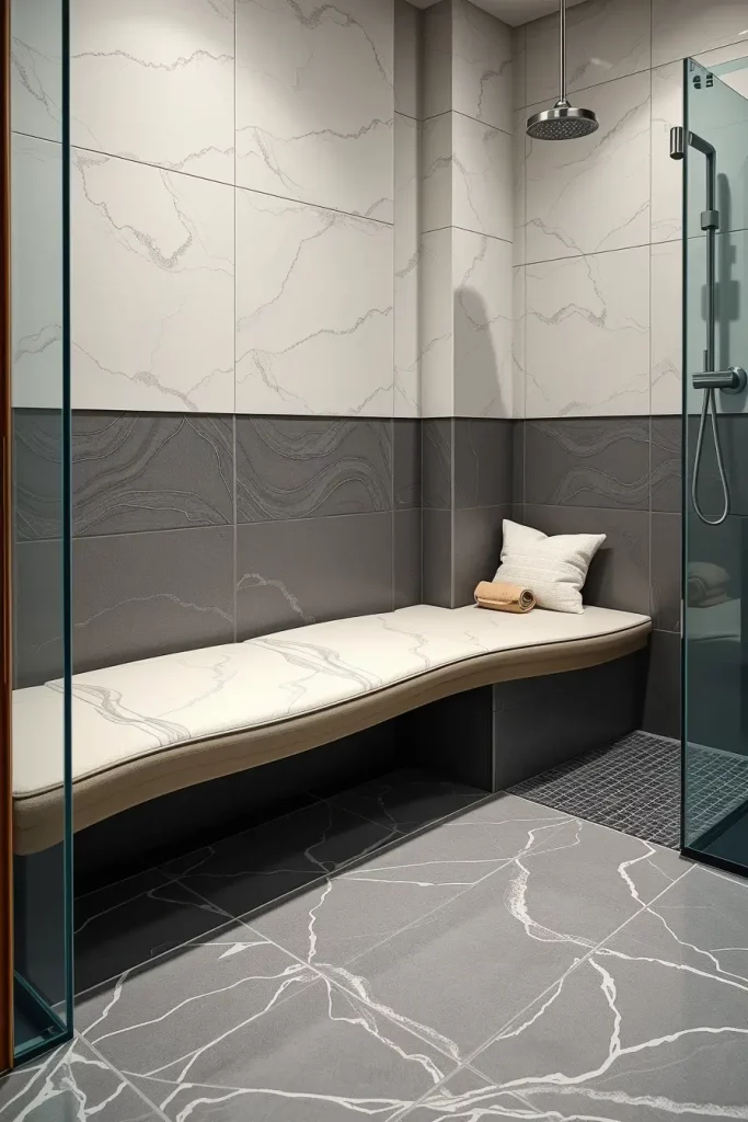 Padded curved bathroom bench